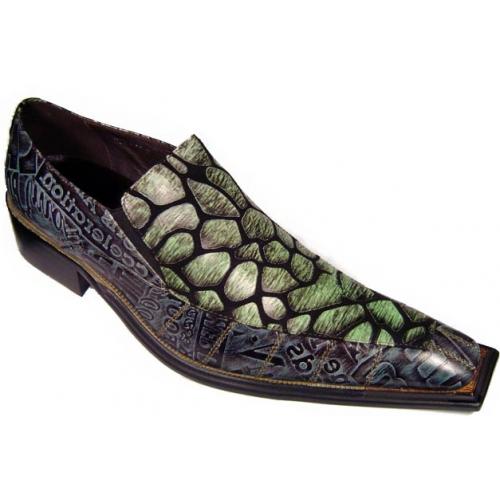 Fiesso Green/Blue Alligator Print Pointed Toe Leather Shoes FI6050
